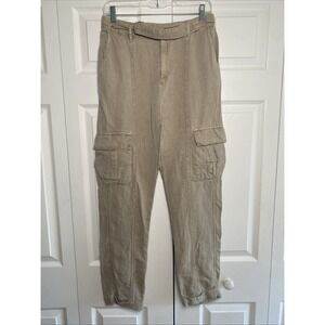 Nicole Miller Cargo Pants Womens Size S‎ Tan Linen Blend Belted Utility Tapered